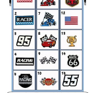 May include: Collection of 15 racer patches with various designs, including checkered flags, race cars, the American flag, and the Route 66 sign. Each patch features text like "RACER," "RACING," and numbers. The patches are displayed on a white background.