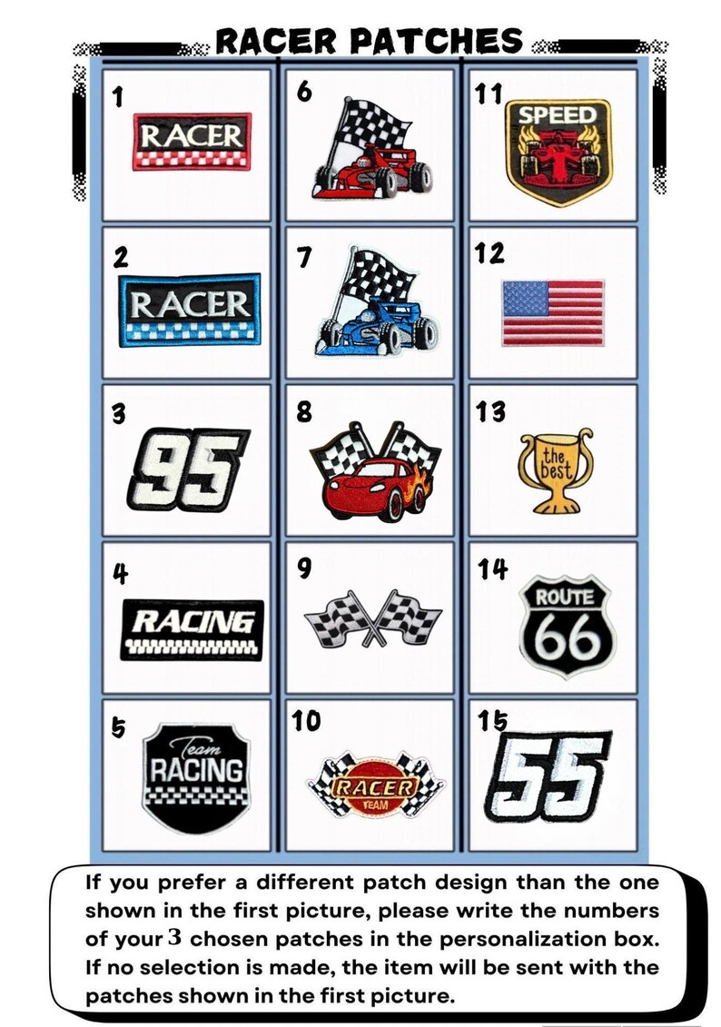 May include: Collection of 15 racer patches with various designs, including checkered flags, race cars, the American flag, and the Route 66 sign. Each patch features text like "RACER," "RACING," and numbers. The patches are displayed on a white background.