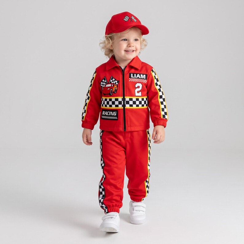 May include: A red racing-themed outfit consisting of a zip-up jacket, matching pants, and a baseball cap. The jacket features a checkered pattern, a cartoon car, the name LIAM, and the number 2. The pants and sleeves have checkered side stripes.