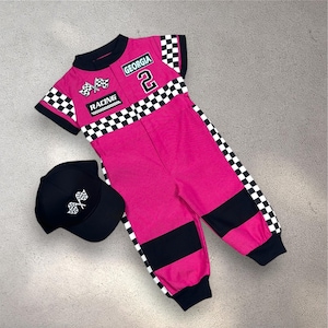 Personalized Pink Racer Short Jumpsuit - Fast One Birthday Outfit - Checkered Racer Kids Suit - Toddler Race Car Costume - Racer Overalls