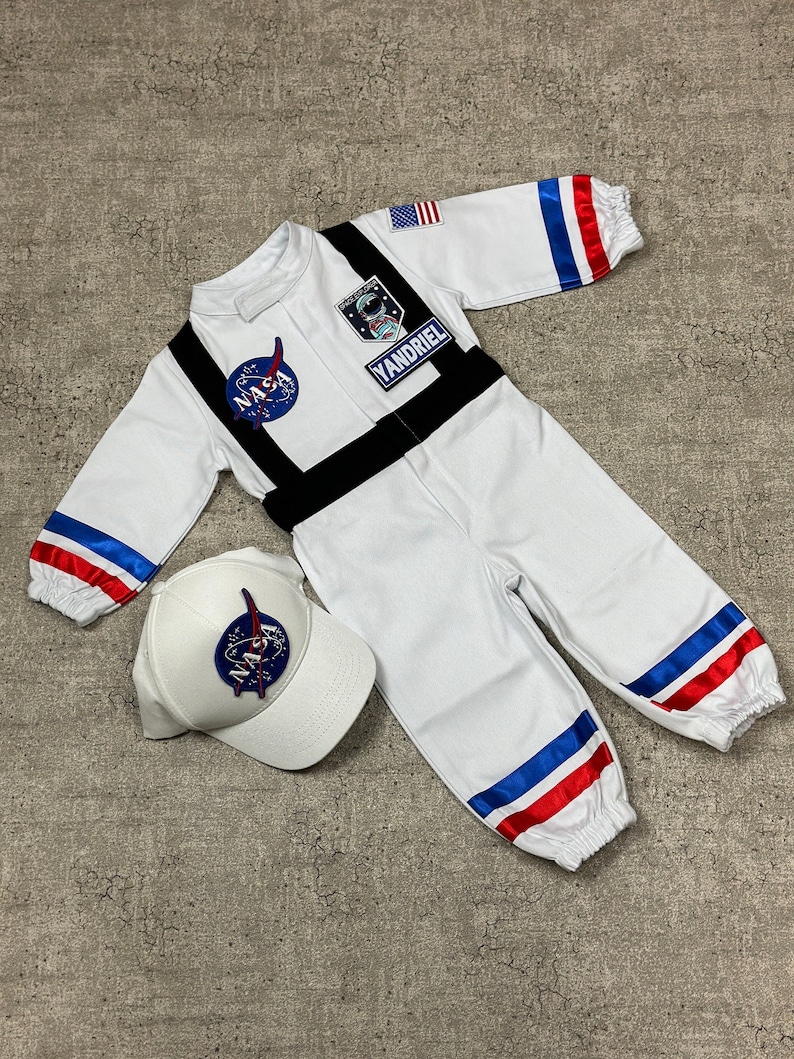 Personalized White Long Astronaut Kids Costume Space Baby Jumpsuit Toddler Space Themed Birthday Party Suit Astronaut Themed Outfit image 1