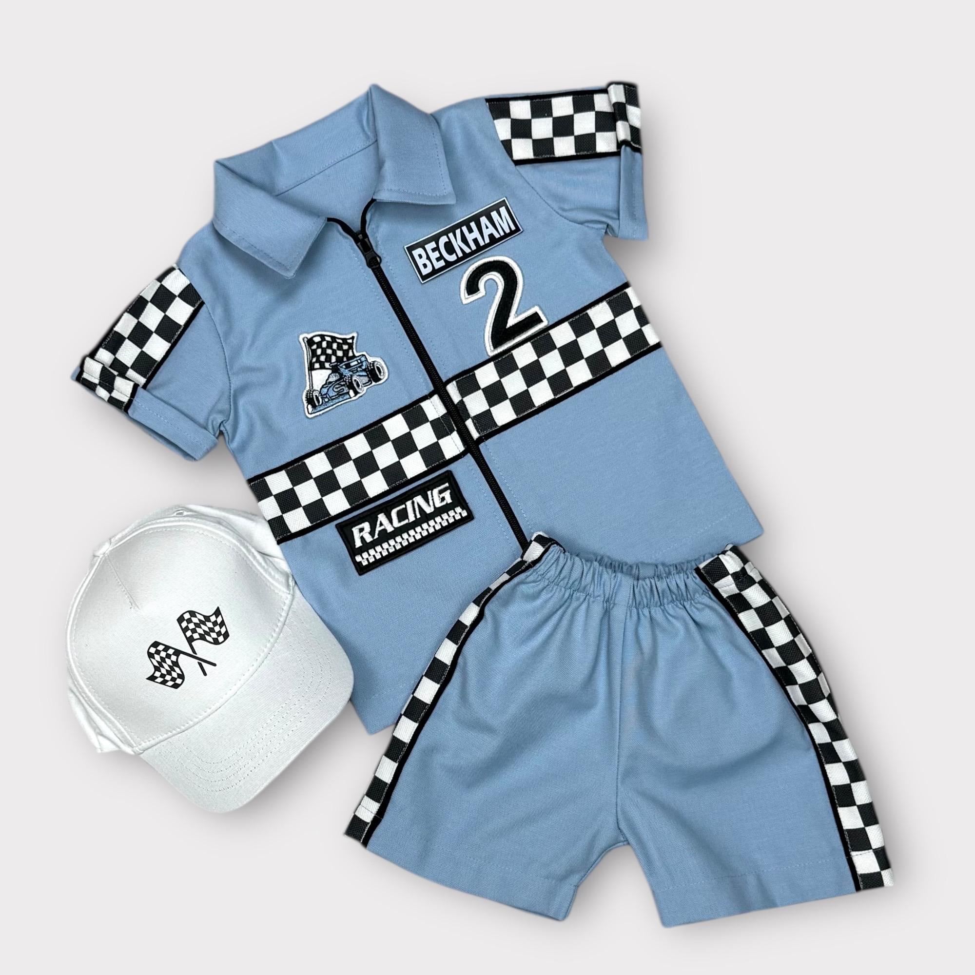 Personalized Race Car Birthday Outfit for Boys  - Blue Racing Shirt and Shorts Suit - Custom Race Car Costume - Halloween Costume