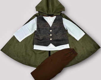 Traje medieval para niños pequeños - Traje de portador de anillos para bebé - Capa verde - Disfraz de Halloween