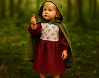 Vestido medieval para niña - Vestido de la Feria del Renacimiento - Disfraz de fantasía de Halloween - Traje renacentista con capa con capucha - Vestido para el primer cumpleaños