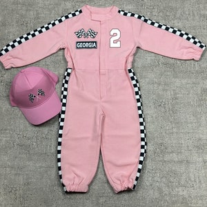 Personalized Pink Racer Long Sleeve Jumpsuit Two Fast Birthday Suit Baby Race Outfit Toddler Race Car Costume Halloween Costumes 画像 3