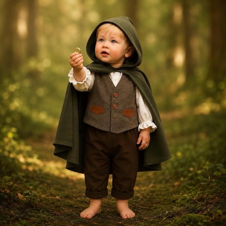 May include: A toddler wearing a dark green hooded cloak over a white long-sleeved shirt, a brown vest with two buttons and two pockets, and dark brown trousers. The toddler is holding a small gold ring between their thumb and index finger.