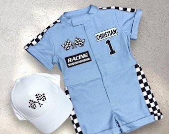 Personalized Blue Racer Short Suit - Two Fast Birthday Race Outfit - Fast One Car Suit - Kids Racing Jumpsuit - Race Car Driver Costume