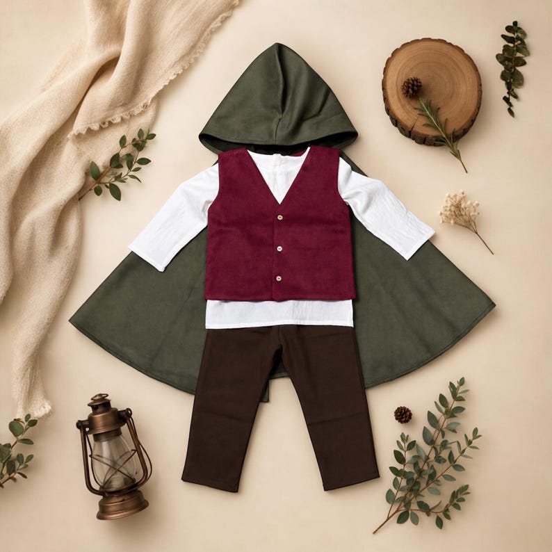 Puede incluir: Un conjunto de disfraz que consta de una capa con capucha de color verde oliva oscuro, una camisa blanca de manga larga, un chaleco de color burdeos intenso con tres botones blancos y pantalones de color marr&oacute;n oscuro, dispuestos en plano.
