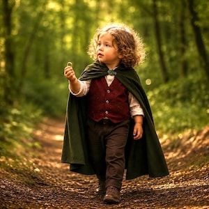 Puede incluir: Un ni&ntilde;o con una capa con capucha de color verde oscuro sujeta con un broche, un chaleco burdeos con botones, una camisa de manga larga de color claro y pantalones de color marr&oacute;n oscuro. El ni&ntilde;o sostiene un peque&ntilde;o anillo dorado.