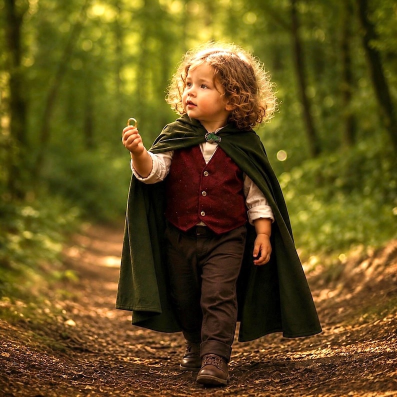 Puede incluir: Un ni&ntilde;o con una capa con capucha de color verde oscuro sujeta con un broche, un chaleco burdeos con botones, una camisa de manga larga de color claro y pantalones de color marr&oacute;n oscuro. El ni&ntilde;o sostiene un peque&ntilde;o anillo dorado.