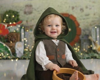 Toddler Medieval Costume for Boys - Ring Bearer Baby Suit - Woodland Green Cloak - Halloween Cosplay