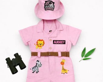 Personalisierte Rosa Safari Outfit, Zoowärter Kostüm, Wild One Geburtstag, Park Ranger Uniform, Safari Entdecker