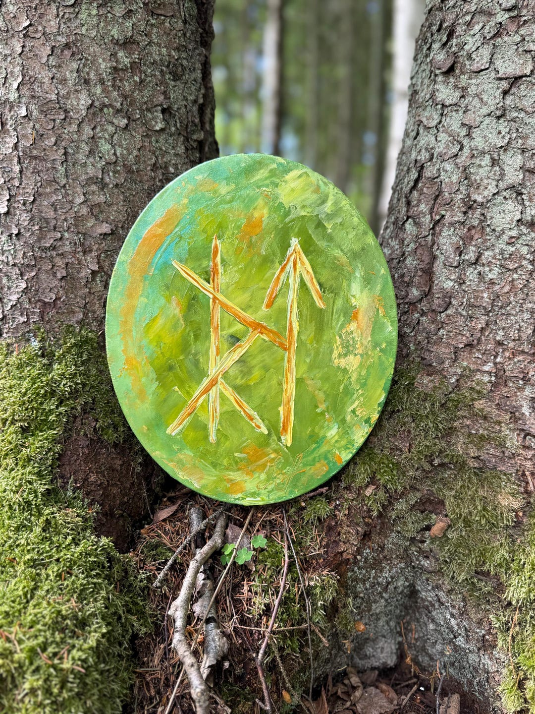 Rebirth Nordic Rune Path of Rebirth, Original Runic Oil Painting on Oval Canvas, Symbolic ...
