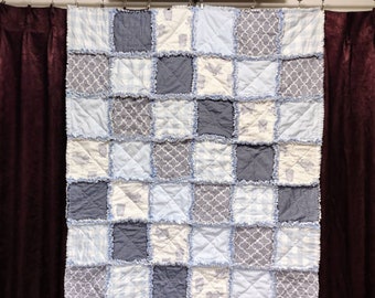 Baby Boy Rag Quilt in Baby Blues and Gray with Elephants