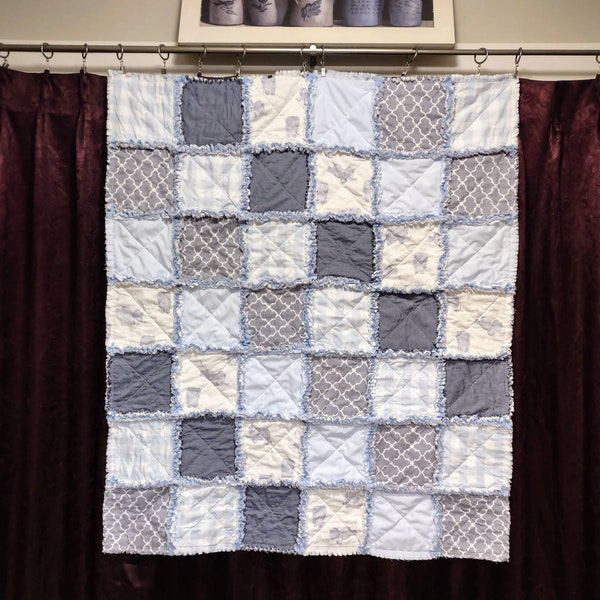 Baby Boy Rag Quilt in Baby Blues and Gray with Elephants