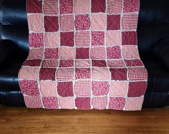 Rag Quilt in Farmhouse Rusty Red and Tan, You Choose the Size