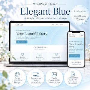Elegant Blue WordPress Theme | Minimalist Website Template | Responsive Design | Digital Download
