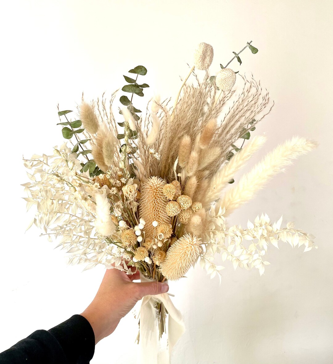 BOHO White Cream and Green Bridal Dried Flowers Bouquet / - Etsy