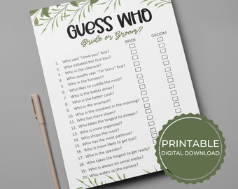 Bride or Groom Guess Game, Guess Who Said It, He Said She Said, Guess Who Game. Bridal Shower Games, Wedding Reception Games