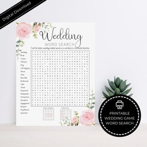 Gioco di nozze stampabile con ricerca di parole per matrimoni floreali. Giochi per addio al nubilato, giochi per ricevimenti nuziali, giochi puzzle per matrimoni