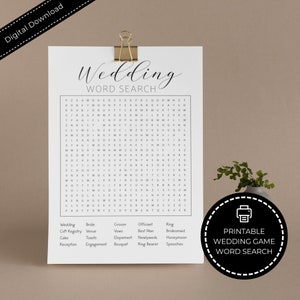 Gioco di nozze stampabile con ricerca di parole per matrimoni. Giochi per addio al nubilato, giochi per ricevimenti nuziali, matrimoni minimalisti