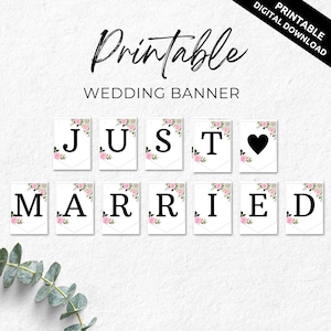 Floral Print Just Married Wedding Banner, Wedding Printable, Wedding Decoration, Just Married Garland, Just Married Sign, Wedding Photo Prop