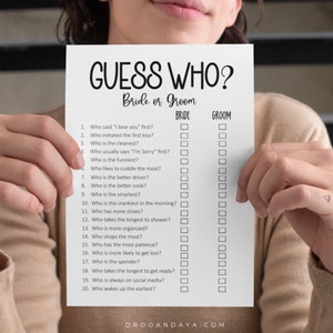 May include: A printable "Guess Who?" game for a wedding shower or bridal party. The game features a list of 20 questions about the bride and groom, with checkboxes for each person to mark their answer.