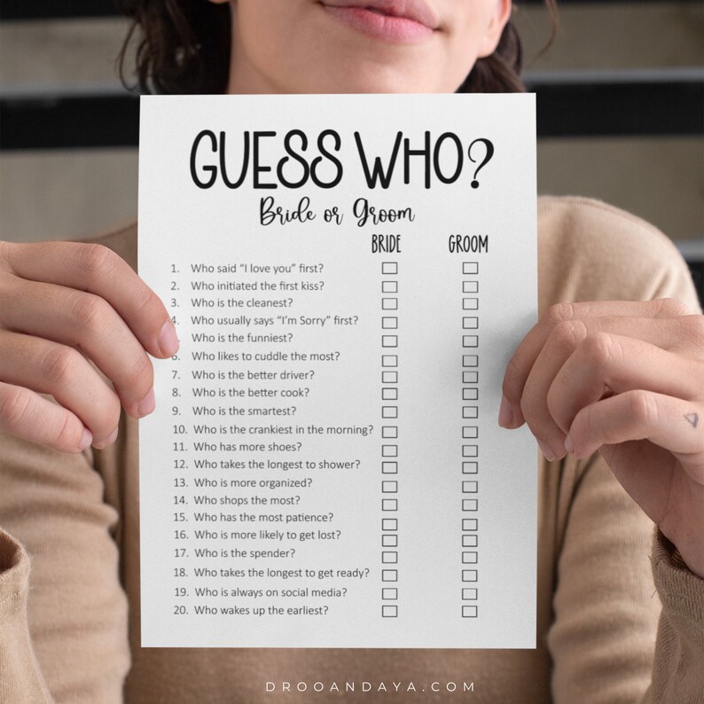 May include: A printable "Guess Who?" game for a wedding shower or bridal party. The game features a list of 20 questions about the bride and groom, with checkboxes for each person to mark their answer.
