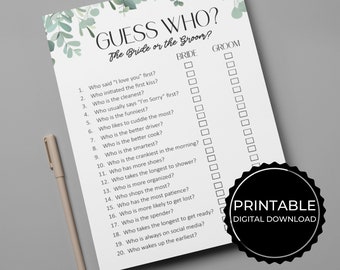 Greenery Bride or Groom Guess Who Wedding Game, Guess Who Said It, He Said She Said, Bridal Shower Games, Wedding Reception Games