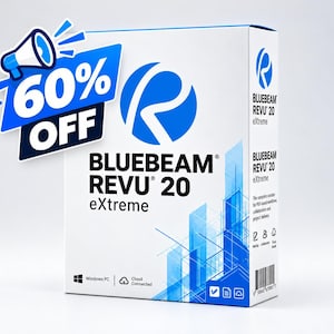 May include: A white software box for Bluebeam Revu 20 eXtreme featuring a blue logo and a graphic of blue buildings. A blue sticker on the top left corner displays the text 60% OFF with a megaphone icon. The box includes Windows PC and Cloud Connected icons.