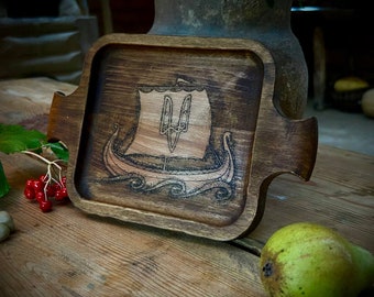 Handmade Crafted Wooden Plate Drakar Boat Sviatoslav's Sign