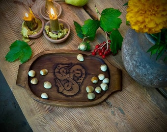 Handmade Crafted Wooden Round Food Tray Plate Three elements Water Air Earth Boar Fish Bird