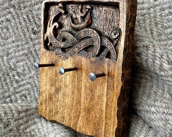 Wooden Wall Key Holder Hand-carved Thor and Jormungand