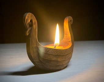 Wooden Candle Holder Candlestick Scandinavian Nordic Drakar Boat Handmade Alder #07