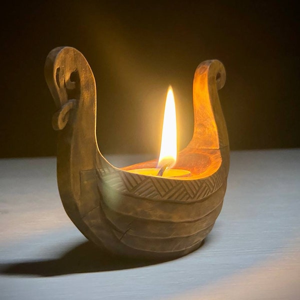 Kerzenhalter aus Holz, skandinavisch, nordisch, Drakar-Boot, handgefertigt, Erle #07