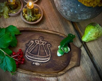 Handmade Crafted Wooden Round Food Tray Plate Drakar Boat Norse Viking Symbols