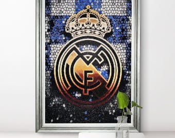 Cuadro de diamantes del Real Madrid, arte mural de fútbol hecho a mano, regalo para aficionados al fútbol, decoración del Real Madrid, obra de arte de cristal brillante, regalo para él, deporte