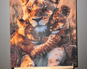 Cuadro de diamantes de leona con cachorros, arte mural de animales grandes, decoración de safari, obra de arte terminada