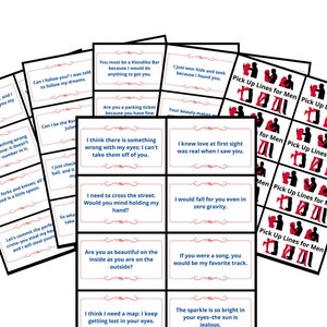 May include: A collection of printed cards with romantic pick-up lines. The cards are white with black text and decorative flourishes. Some cards have red and black graphics. The text includes phrases like "I knew love at first sight was real when I saw you."