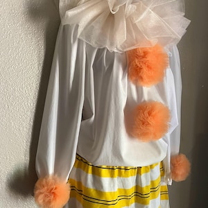 Vintage Homemade Clown Costume, Cotton Clown Pants with Pompoms, Blouse & Neck Ruff, Adult M