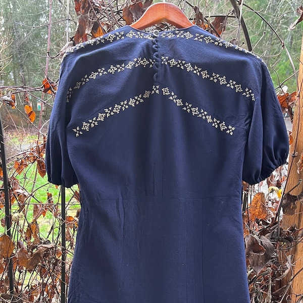 VINTAGE 1930’s WWII Classic Wool Crepe, Navy Blue, Hand Embroidered Dress