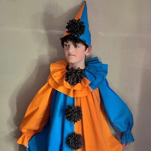 Vintage Homemade Cotton Harlequin Clown Costume,Hat, Attached Ruff & Pompoms, Adult M - XXL