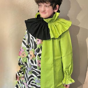 Vintage Harlequin Clown Costume, Barkcloth Fabric, Neck Ruffle & Pompoms, Adult S - M-L
