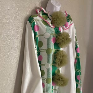Vintage Halloween Costume, Vintage Homemade Clown Costume w/ Pompoms, Adult M, 27/inseam, 46/underarm