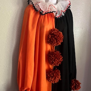 Vintage Homemade Harlequin Clown Costume, Chiffon Neck Ruff, Pompoms, Adult M - XL