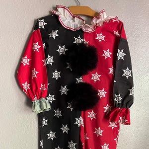 Vintage 1940s Clown Costume, Red& Black Cotton Muslin, with Pompoms, Child