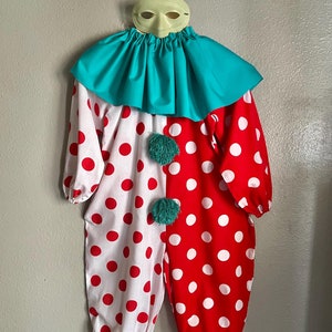Vintage Clown Costume, Homemade Cotton Costume w/ Neck Ruffle, Mask, Child S - M
