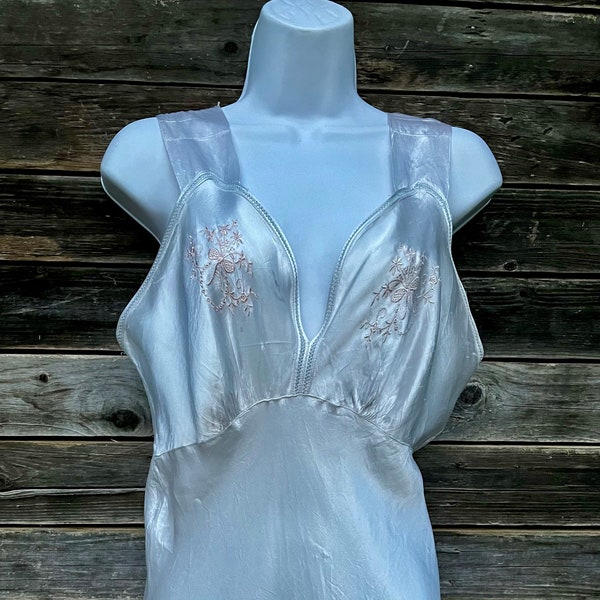 VINTAGE 1930’s, Silver Rayon Satin, Bias Nightgown