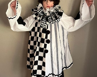 Vintage Halloween Costume, Homemade Cotton Pierrot Clown Harlequin, Circus Clown, Ruffle Collar, Adult M - 2XL