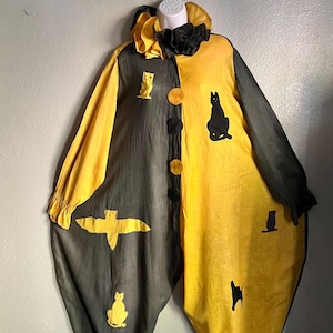 Vintage Harlequin Clown Costume, Homemade Cotton Costume w/ Matching Neck Ruff, Cat Bat Appliqués, Adult M - L/XL Average